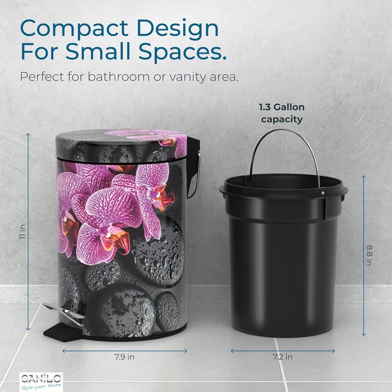 Sanilo Small Bathroom Trash Can with Lid [1.3 Gallon] - Lidded Tiny Trashcan for Garbage - Mini Metal Bin with Soft Closing Mechanism - Bath Room Accessoire Wastebin with Inner Bucket (Madeira) - Image 5